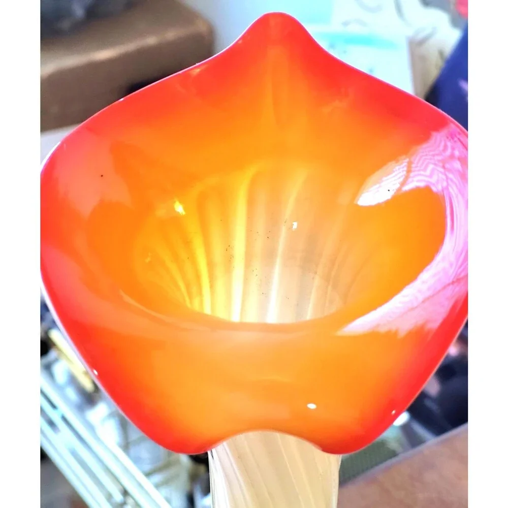 Mid Century Murano Style Blown Glass Art Vase Orange Yellow Jack In The Pulpit